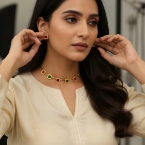 Kanhaverse Dual-Tone Square Gemstone Choker Set