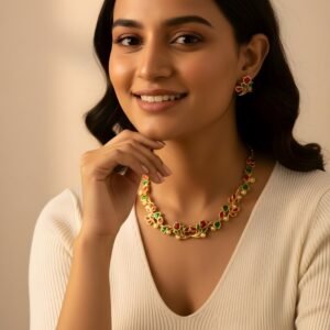 Elegant Floral Enamel Necklace Set with Earrings