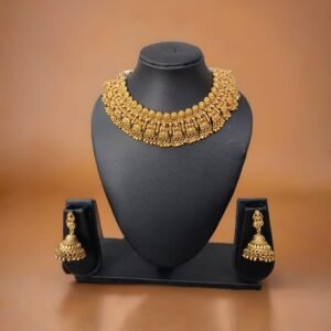 Traditional Gold-Plated Temple Necklace Set with Jhumkas