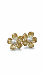 Gold Pearl Floral Stud Earrings