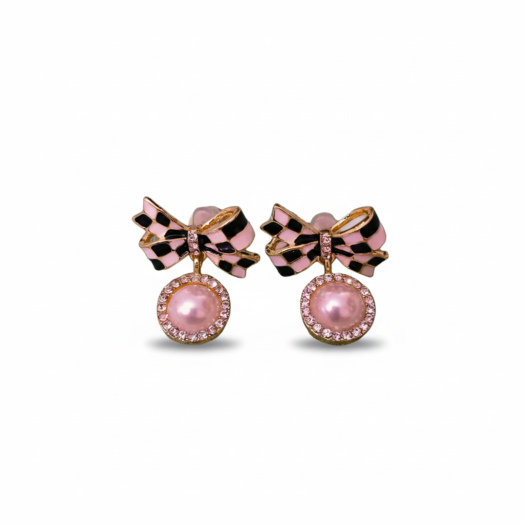 Pink Bow Pearl Stud Earrings