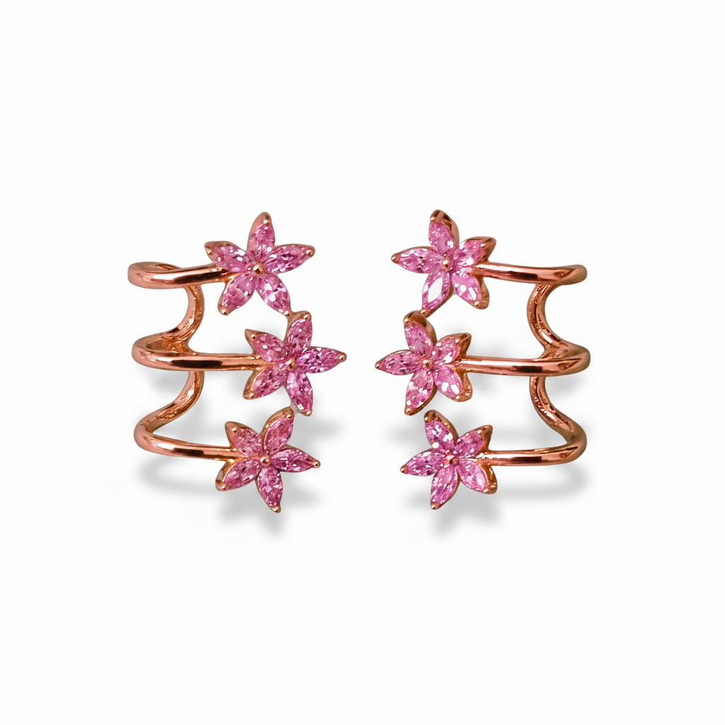 Pink Crystal Floral Ear Cuff Earrings